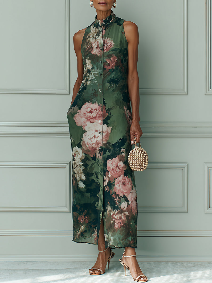Stampa di Olio Floreale Vintage Vestito Maxi a Taglio Dritto