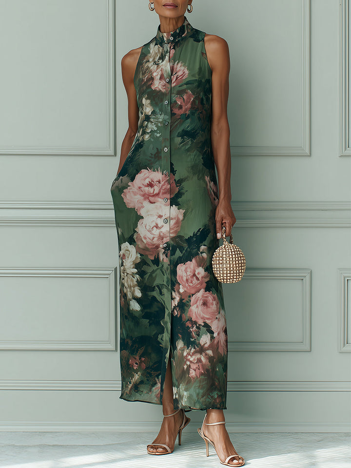 Stampa di Olio Floreale Vintage Vestito Maxi a Taglio Dritto