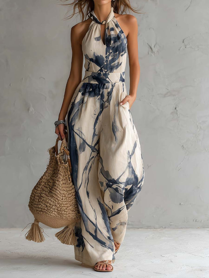 Tuta con Scollo Halter e Stampa Inchiostro Lavato, Ampio Pantalone e Tasche