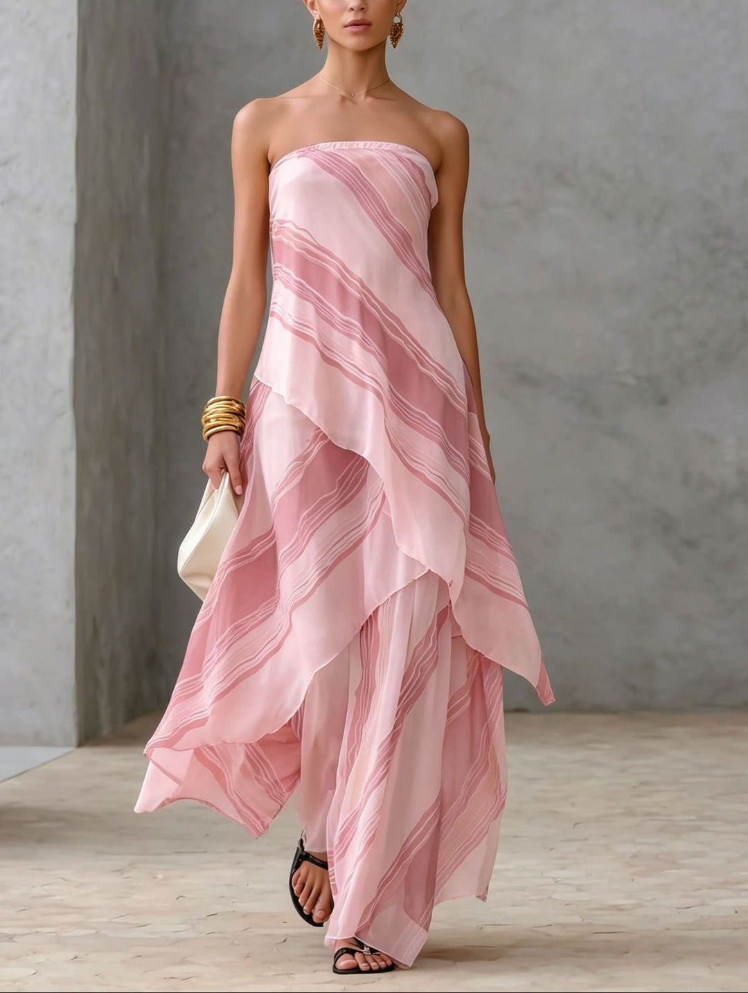 Vestito Maxi Senza Spalline in Chiffon a Righe Casual