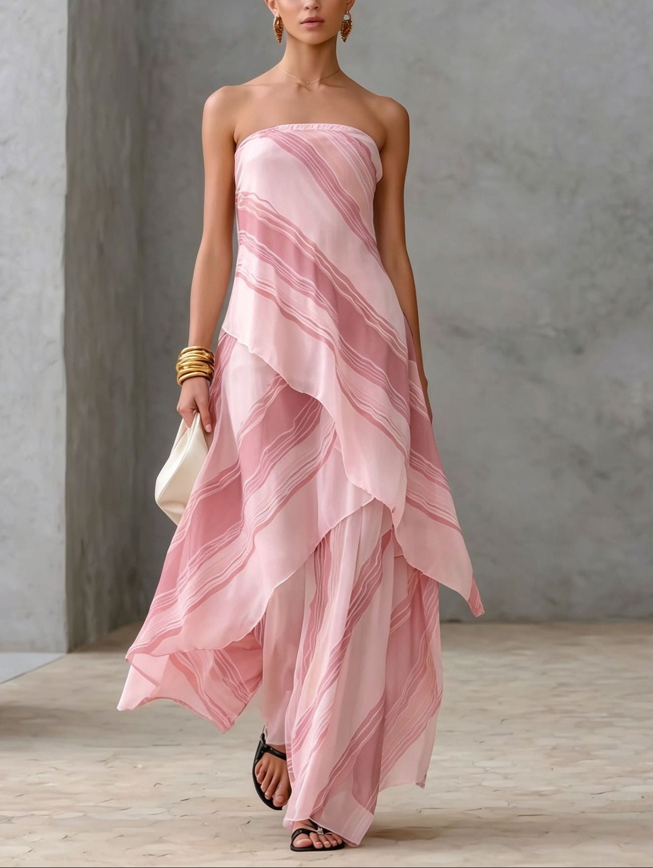 Vestito Maxi Senza Spalline in Chiffon a Righe Casual