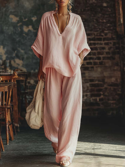 Set di Camicia Rosa a V e Pantaloni
