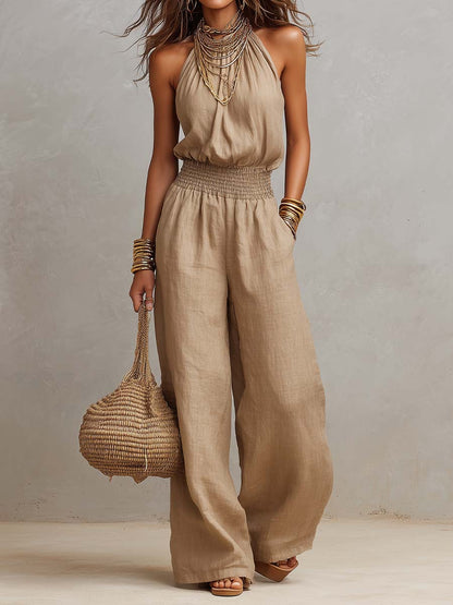 Jumpsuit khaki con scollo all'americana e vita alta