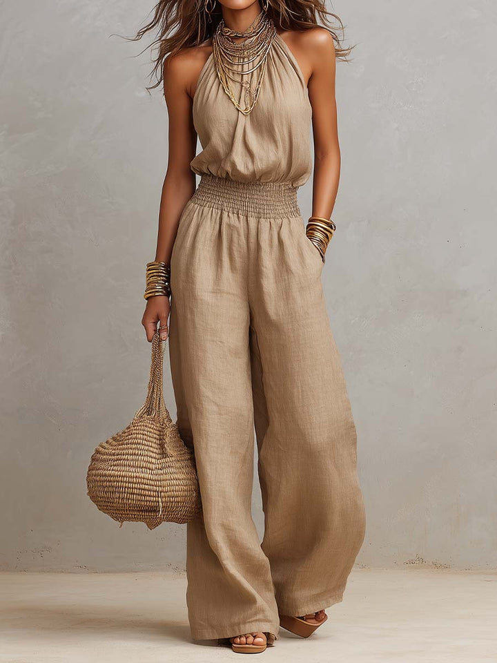 Jumpsuit khaki con scollo all'americana e vita alta