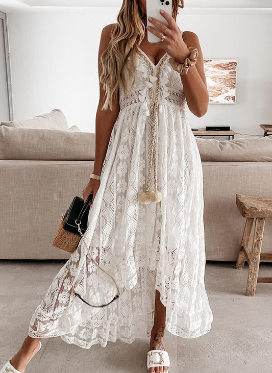 Abito Maxi in Pizzo di Colore Solido con Gonna Ampia