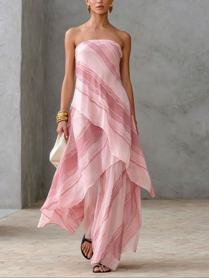 Abito Maxi Senza Spalline in Chiffon a Righe Casual