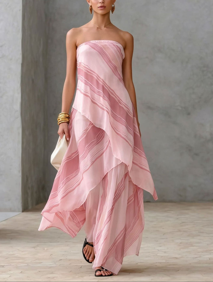 Abito Maxi Senza Spalline in Chiffon a Righe Casual