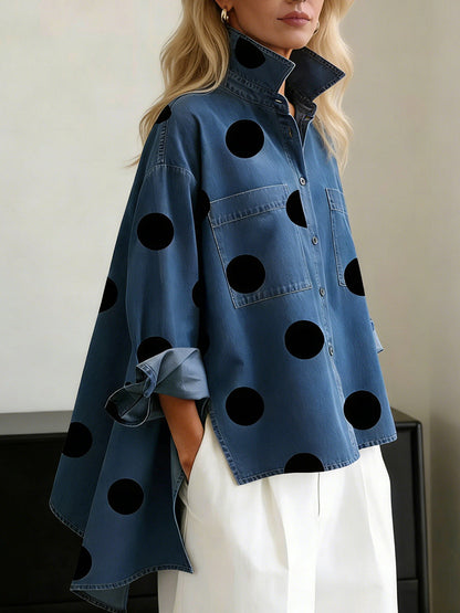 Camicia Casual Stampata in Finto Denim con Collo Alto