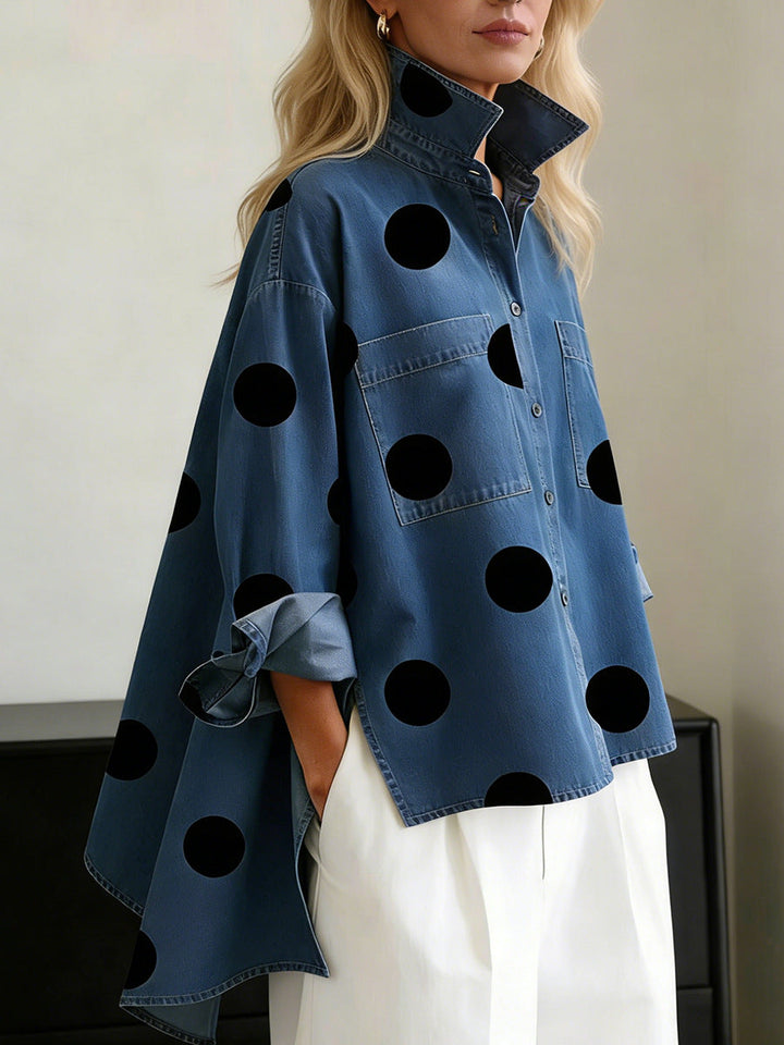 Camicia Casual Stampata in Finto Denim con Collo Alto