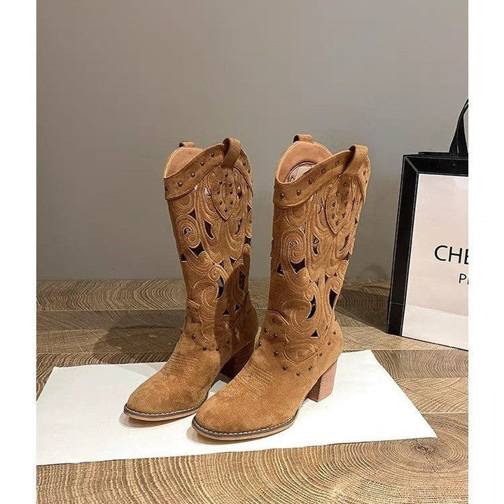 Stivali Western in suede con tacco chunky ricamato e traforato