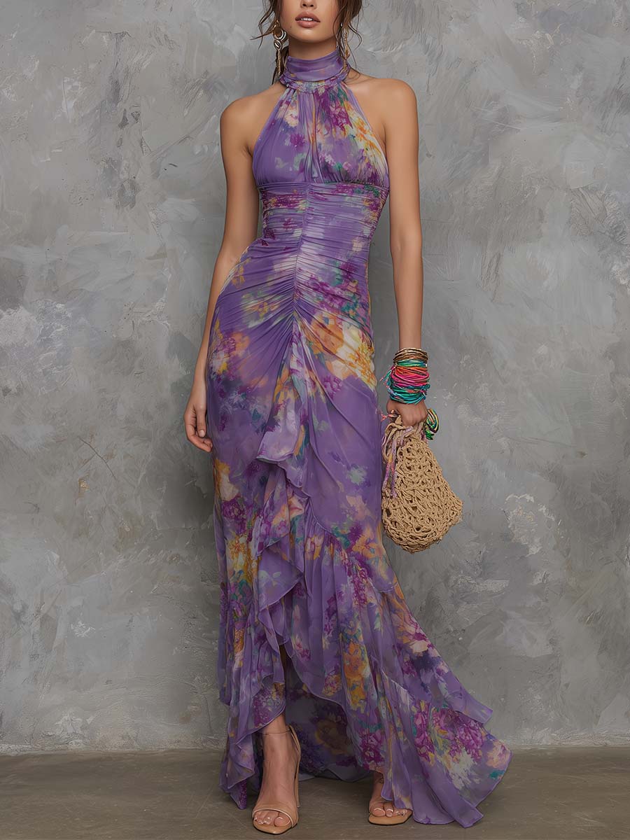 Elegante Vestito Maxi in Chiffon Viola con Scollo a Halter