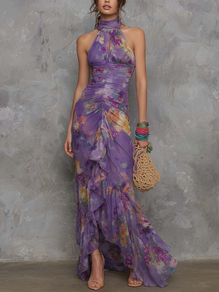 Elegante Vestito Maxi in Chiffon Viola con Scollo a Halter