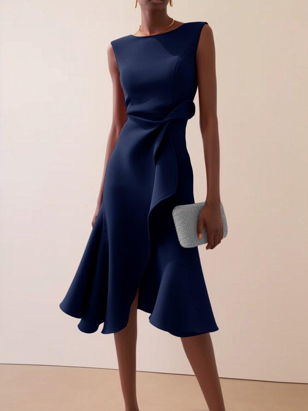 Abito Elegante Midi Rosso Senza Maniche con Nodo in Vita per Giorno e Notte