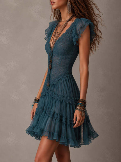 Mini Abito Ruffle in Pizzo Blu Retro e Chiffon
