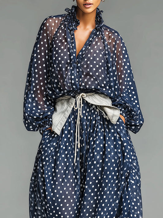 Set di Top e Pantaloni in Chiffon a Pois con Maniche Lunghe e Vestibilità Ampia (Cintura inclusa)