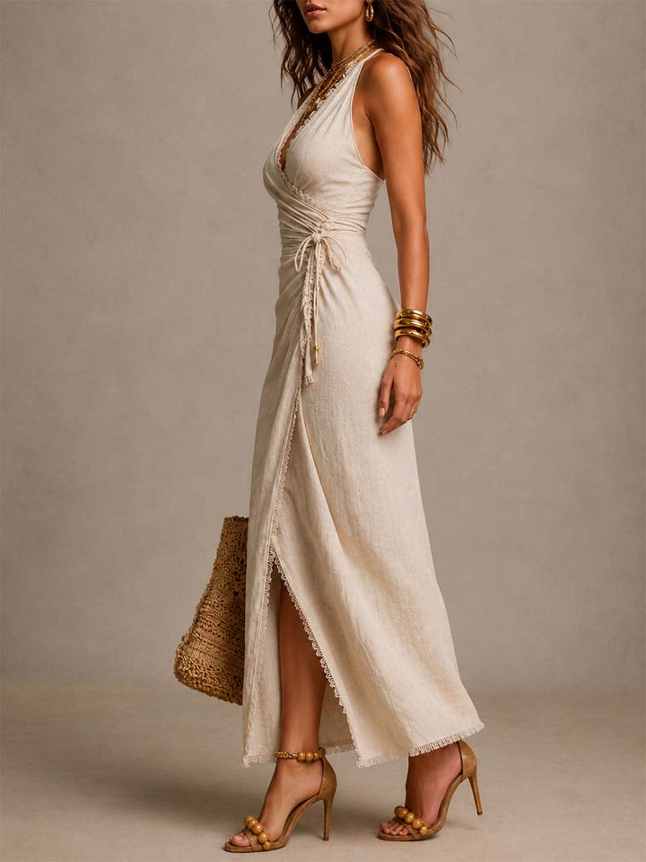 Abito maxi avvolgente in lino finto beige con bordo in pizzo