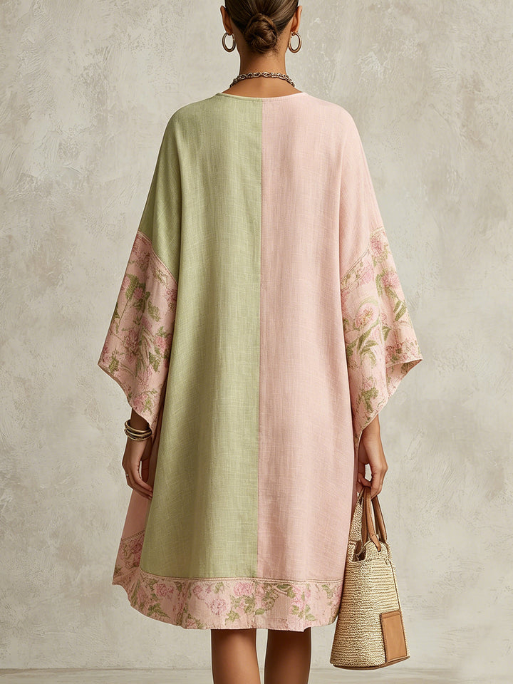 Abito Midi Color-Block Verde e Rosa con Fiori