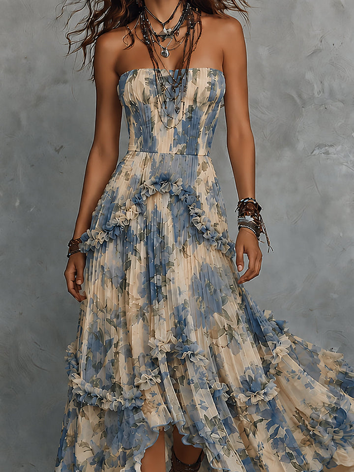 Elegante abito maxi in chiffon stampato senza spalline con volant