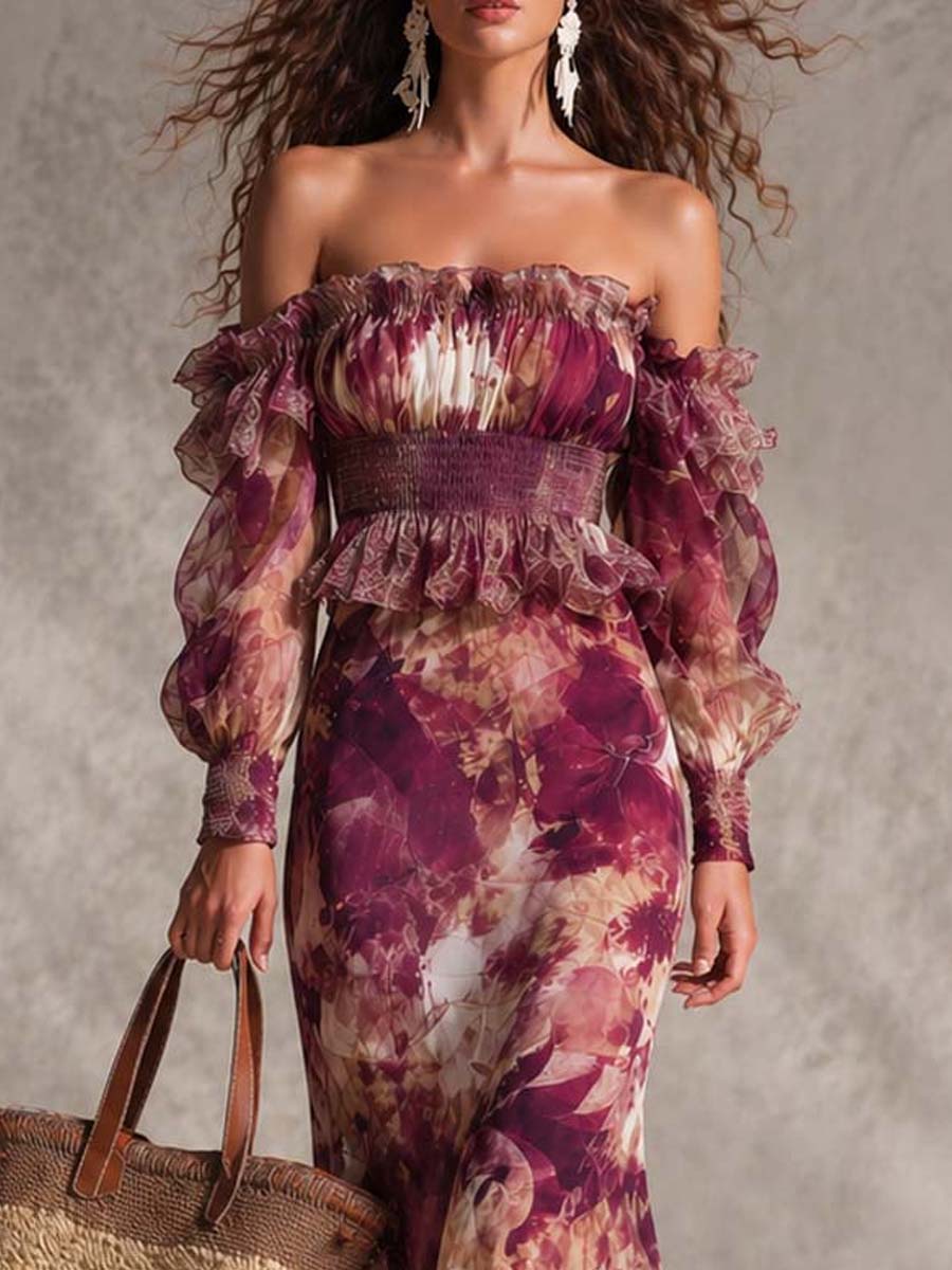 Abito Maxi Chiffon Rosa Pink Floreale Off-Shoulder