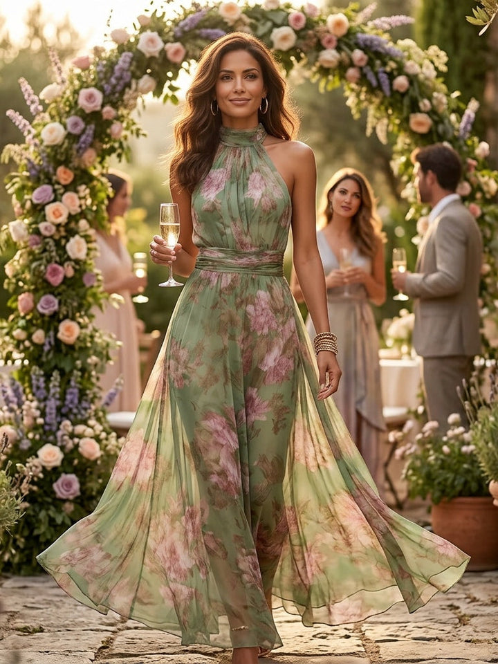 Abito Maxi Halter in Chiffon Verde a Fiori