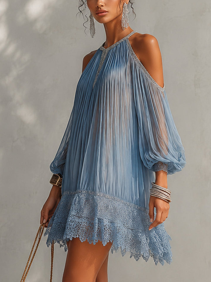 Abito Mini Blu Off-Shoulder Ruché con Orlo in Pizzo