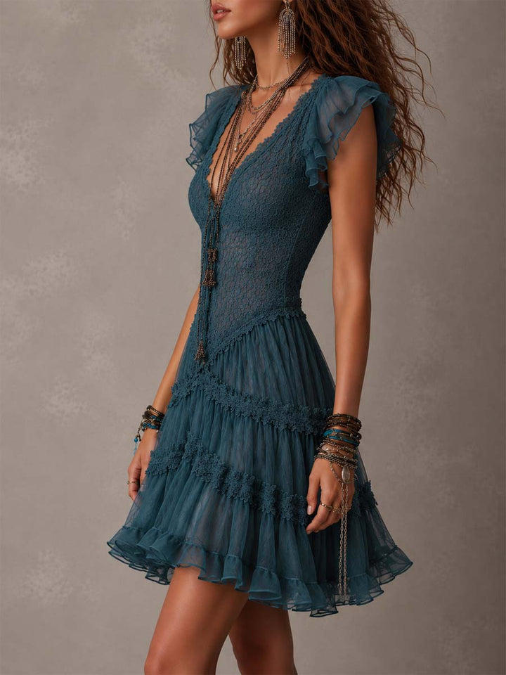Mini Abito Ruffle in Pizzo Blu Retro e Chiffon