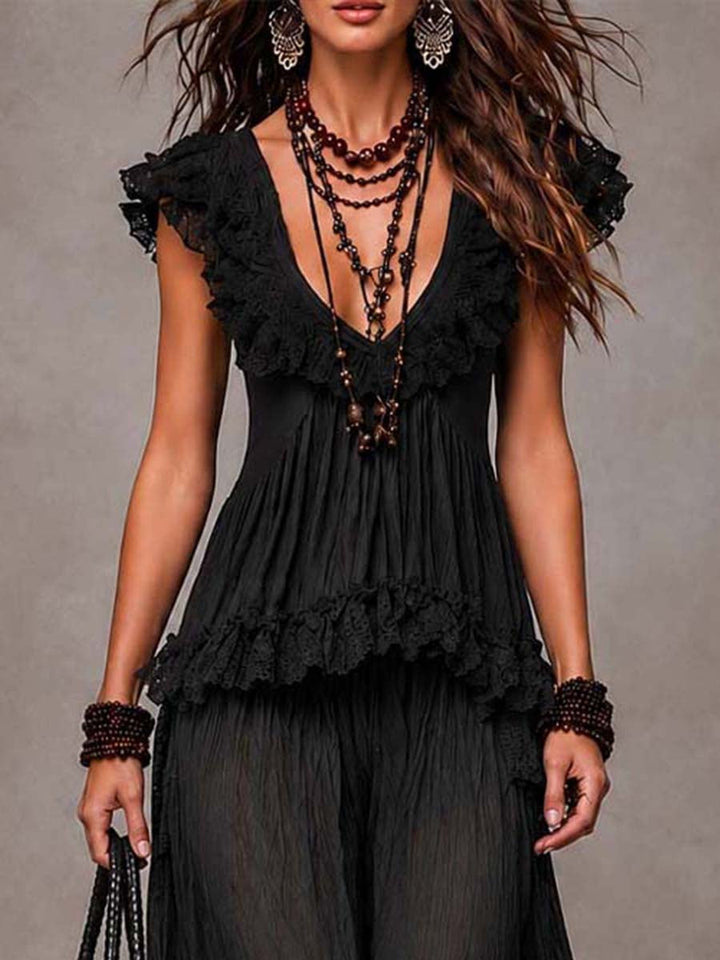 Set Top in Pizzo V-Neck Bohemien Nero e Pantaloni Harem
