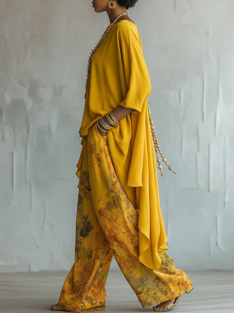 Set Top Asimmetrico Giallo e Pantaloni a Gamba Larga con Fantasia