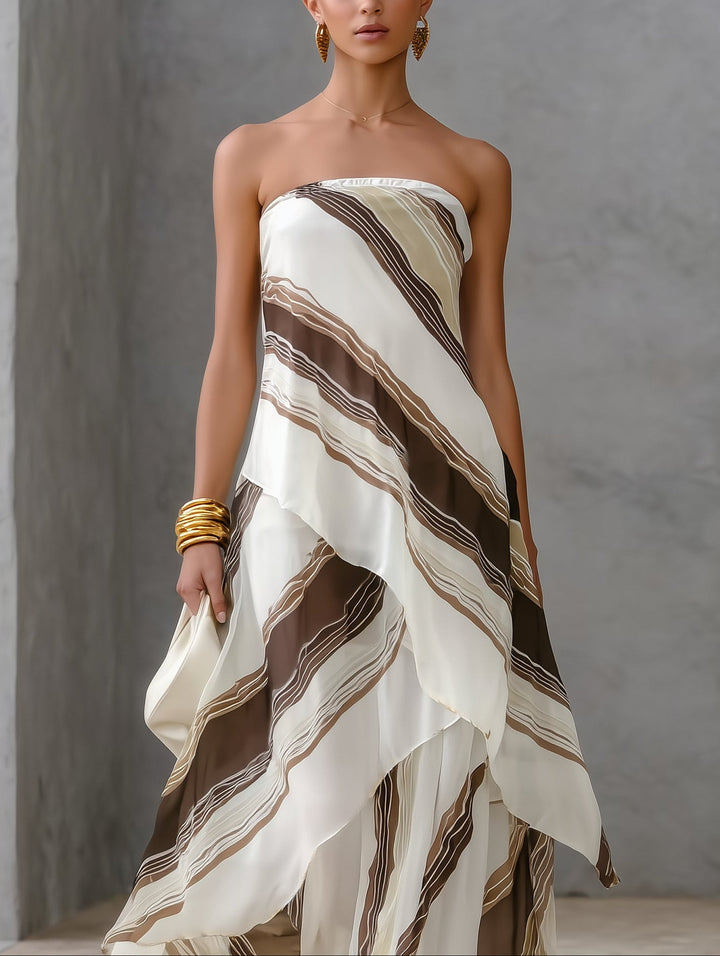 Abito Maxi Senza Spalline in Chiffon a Righe Casual