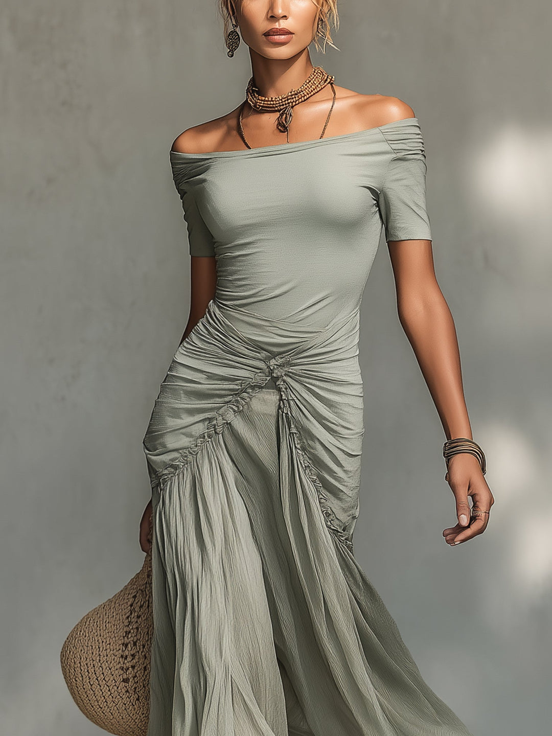 Abito Maxi in Tessuto Stretch Grigio e Chiffon