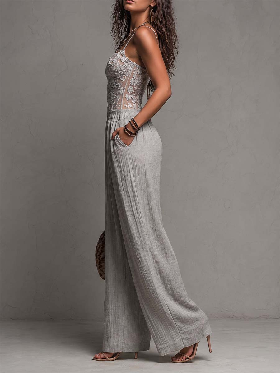 Jumpsuit Bohemien Grigio con Pizzo e Pieghe a Gamba Larga