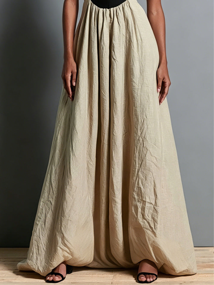 Abito Maxi Senza Maniche Khaki con Scollo Quadrato e Pannelli Colorati
