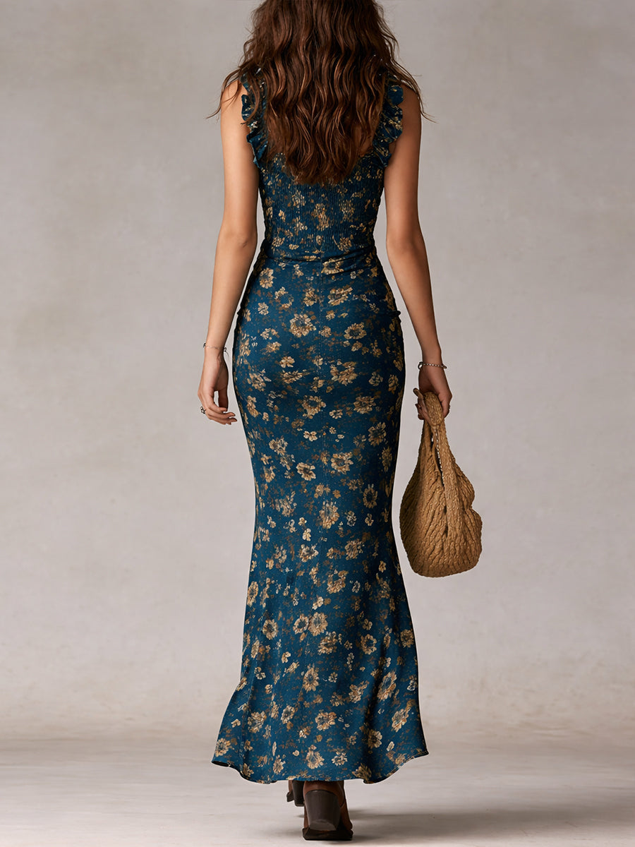 Abito Maxi Stampato Bohemien Navy con Maniche Arricciate