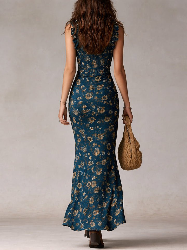 Abito Maxi Stampato Bohemien Navy con Maniche Arricciate