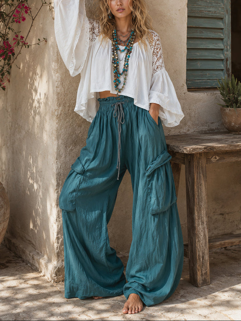 Set di camicia in pizzo vintage bohemien con ritagli e pantaloni cargo