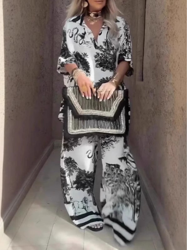 Set top corto a maniche corte con scollo a V stampato e pantaloni a gamba larga