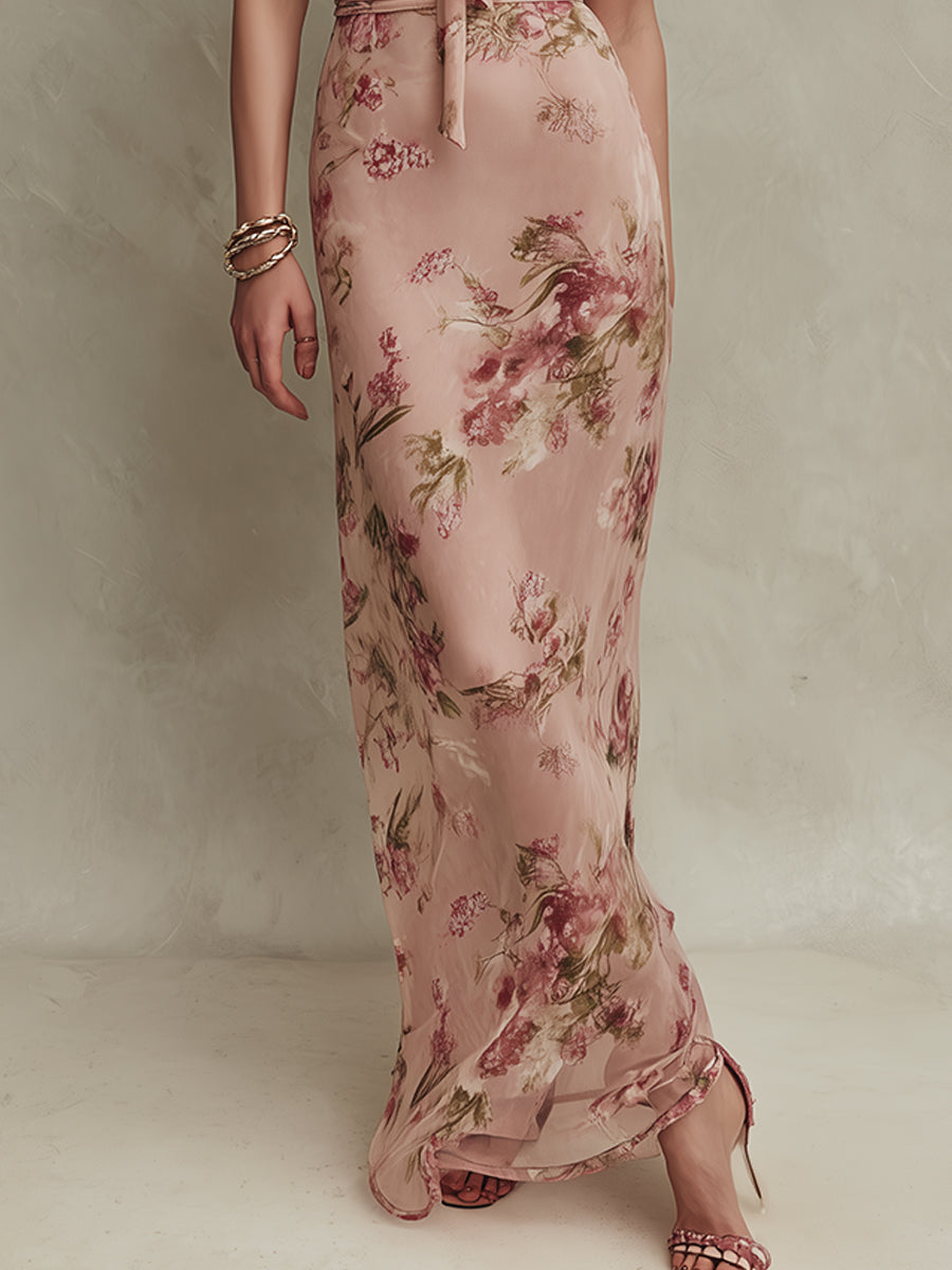Lia | Abito maxi in chiffon con stampa floreale elegante e scollatura a goccia