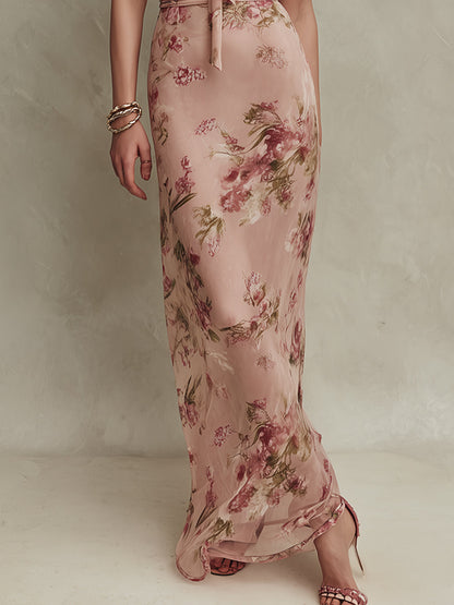 Lia | Abito maxi in chiffon con stampa floreale elegante e scollatura a goccia