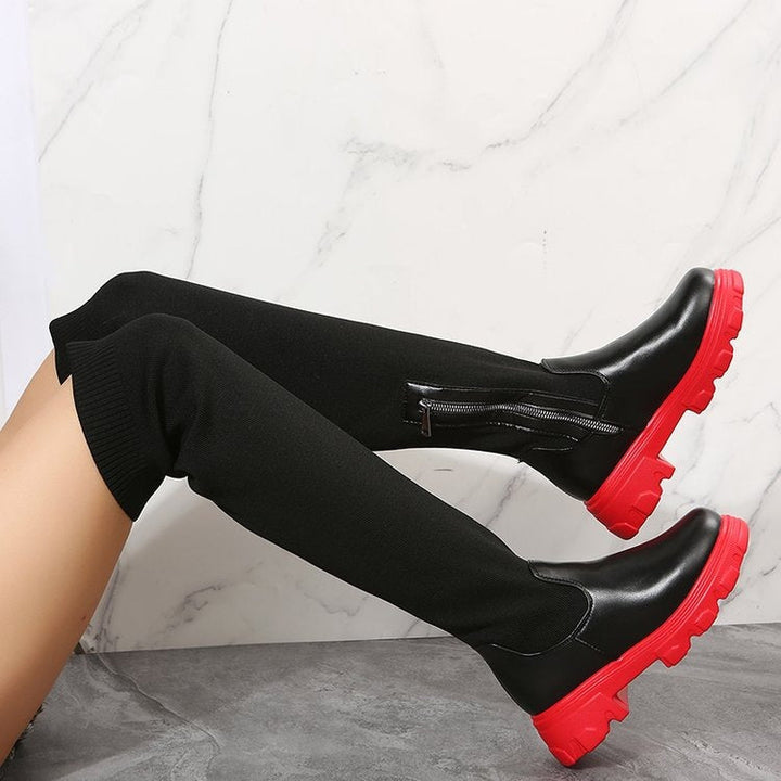 Stivali da donna platform in flyknit con punta rotonda sopra il ginocchio