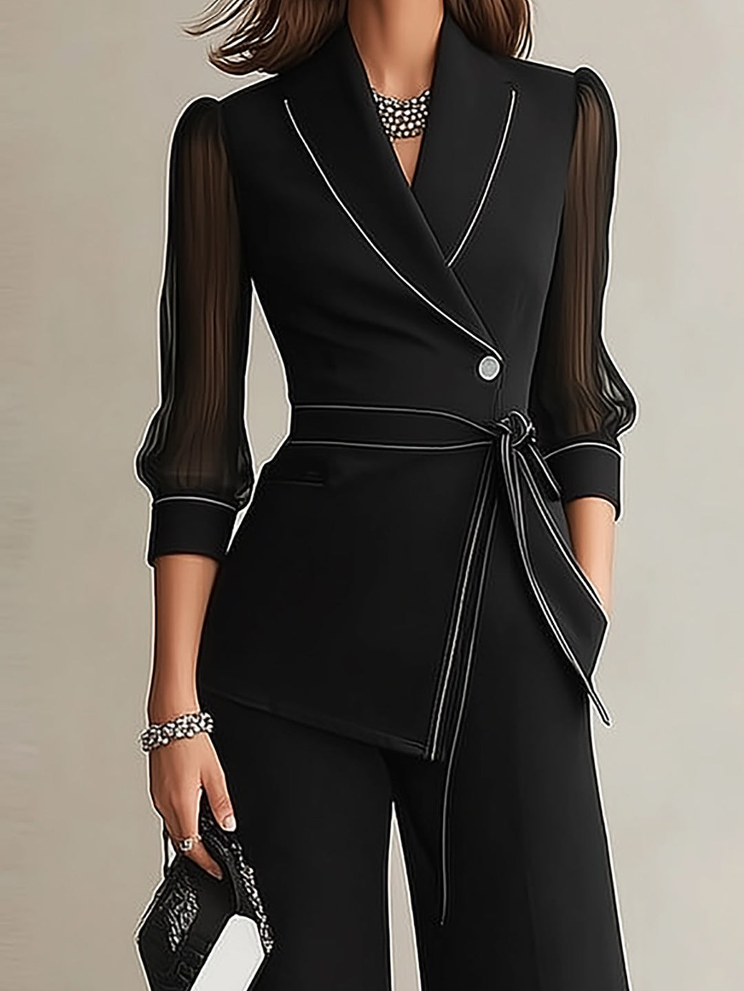 Completo Blazer Nero con Maniche in Rete Trasparente e Pantaloni a Gamba Larga