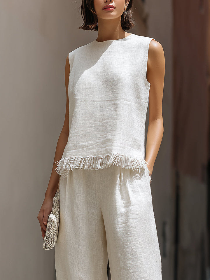 Set di top senza maniche e pantaloni con orlo grezzo