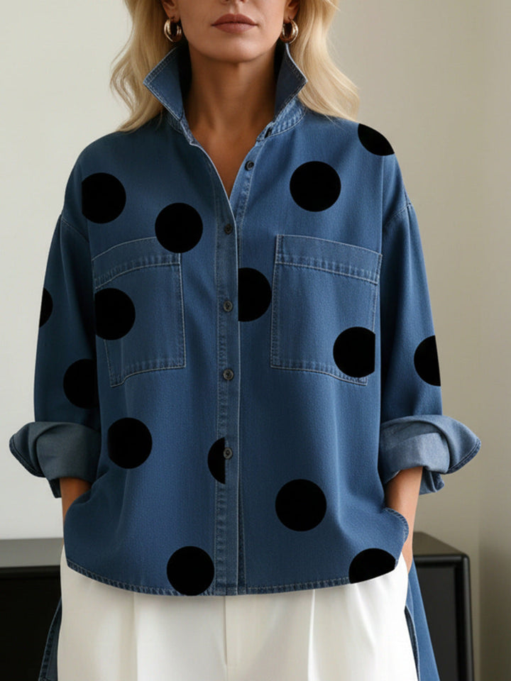Camicia Casual Stampata in Finto Denim con Collo Alto
