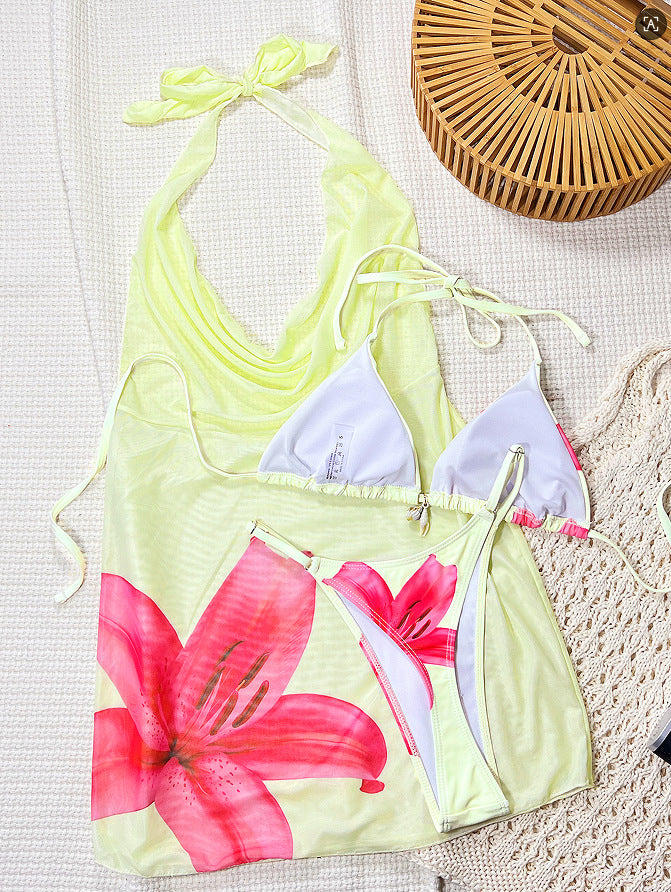 Costume da bagno tre pezzi alla moda, stampato e aderente