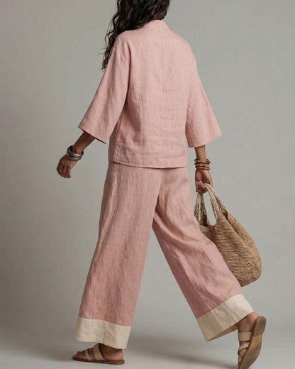 Camicia Rosa con Collo a V e Pantaloni Palazzo a Blocco di Colore