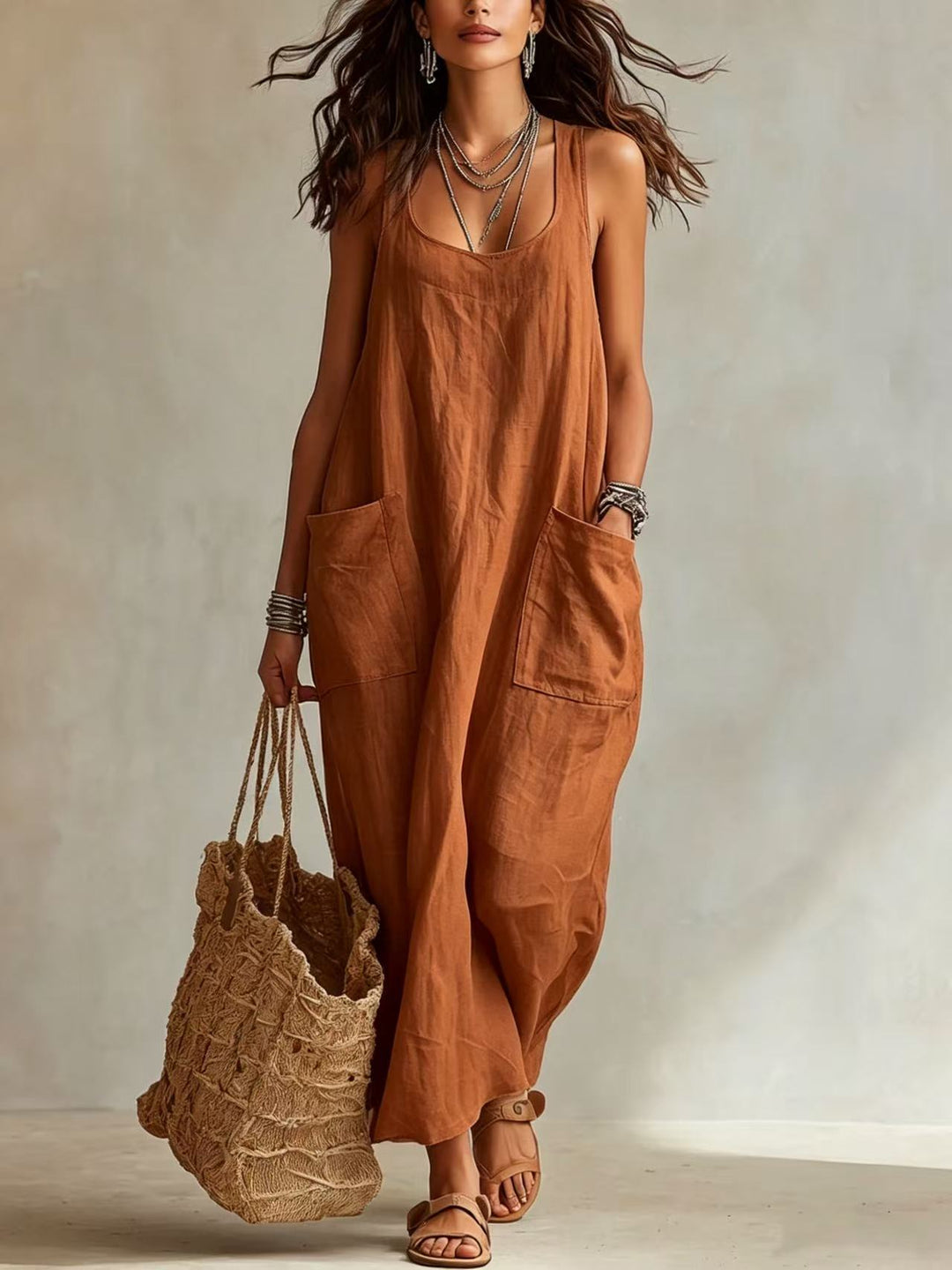 Abito Maxi Slip Minimalista Casual con Tasche