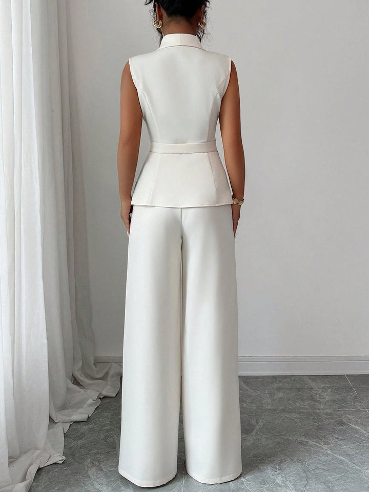 Set di Gilet Elegante in Colore Unito e Pantaloni a Gamba Dritta da Donna