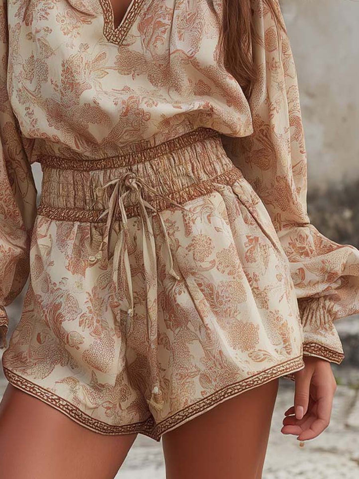 Romper Corto con Stampa Botanica e Scollo a V