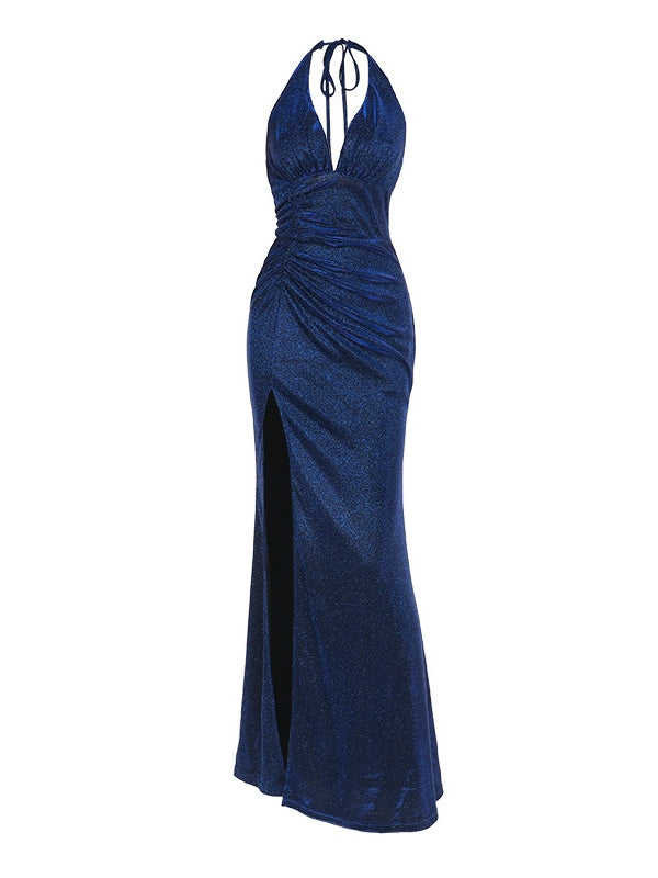 Vestito Maxi Halter con Scollo a V e Leggero Brillio