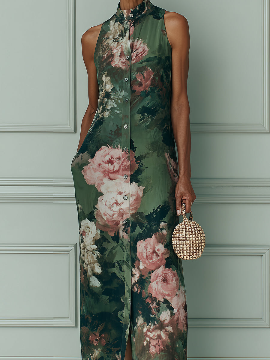 Stampa di Olio Floreale Vintage Vestito Maxi a Taglio Dritto