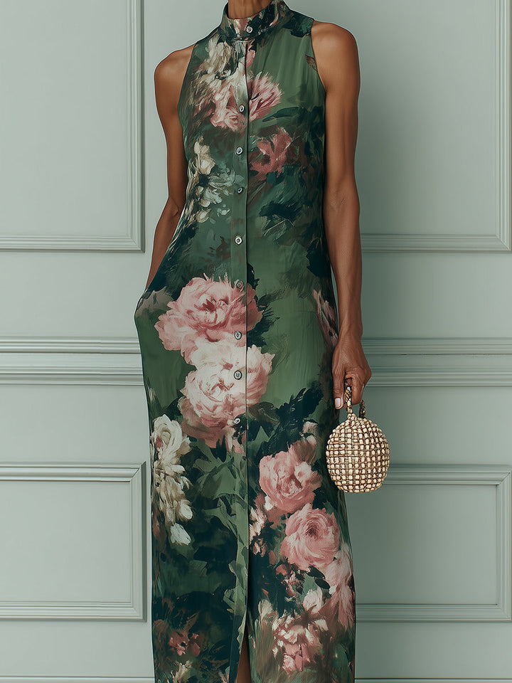 Stampa di Olio Floreale Vintage Vestito Maxi a Taglio Dritto
